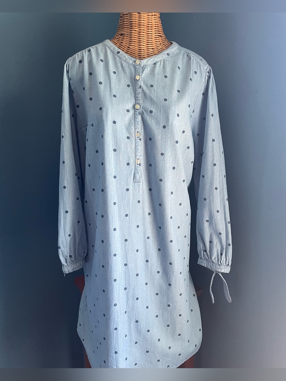 Old Navy Chambray Polka Dot Tunic Dress Light Blue Cotton 3/4 Sleeve Size XL
